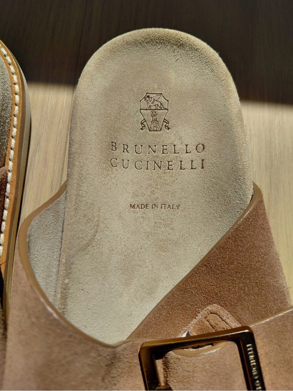 Brunello Cucinelli Taupe Suede Double-Buckle Slide Sandals - Picture 2 of 8